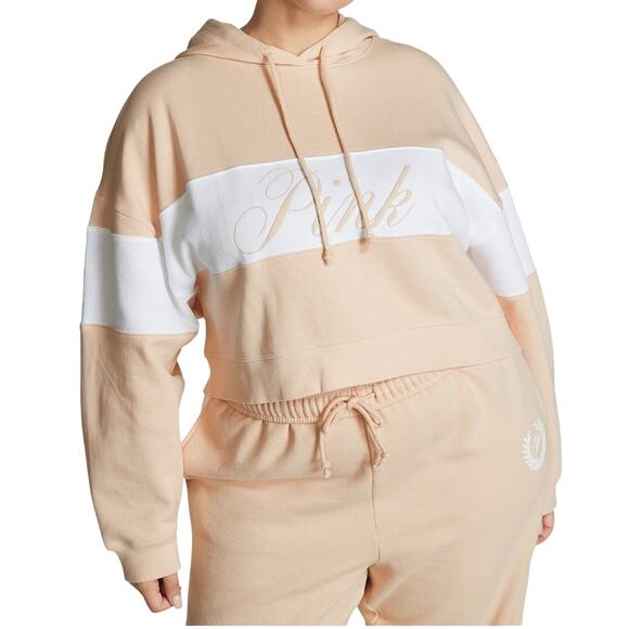 Victoria's Secret Pink Ivy Fleece Croppped Hoodie Sweatshirt Tan White Large - Picture 1 of 10